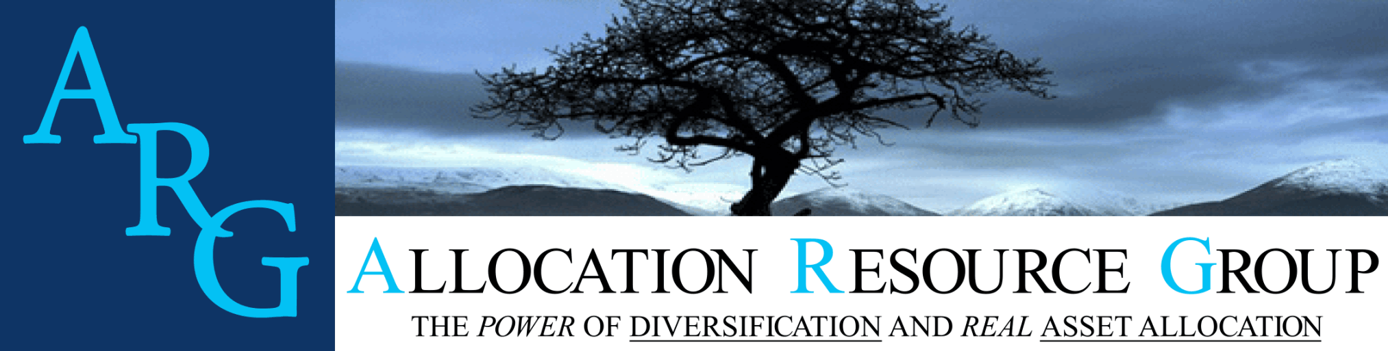 ARG Company Logo with a brand image of a mature tree (in a blue duo-tone style). Page Header graphic with company logo as 'ARG', brand image of a tree, and text with company name 'Allocation Resource Group', and tagline 'The Power of  Diversification and Real Asset Allocation'
